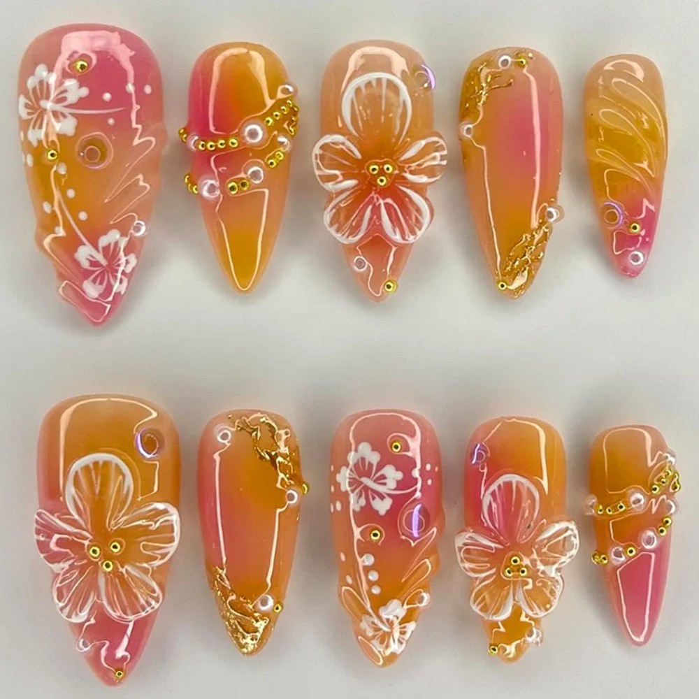 24Pcs Pink Gradient Almond Fak - Pressed Flower Art avaliação e preço