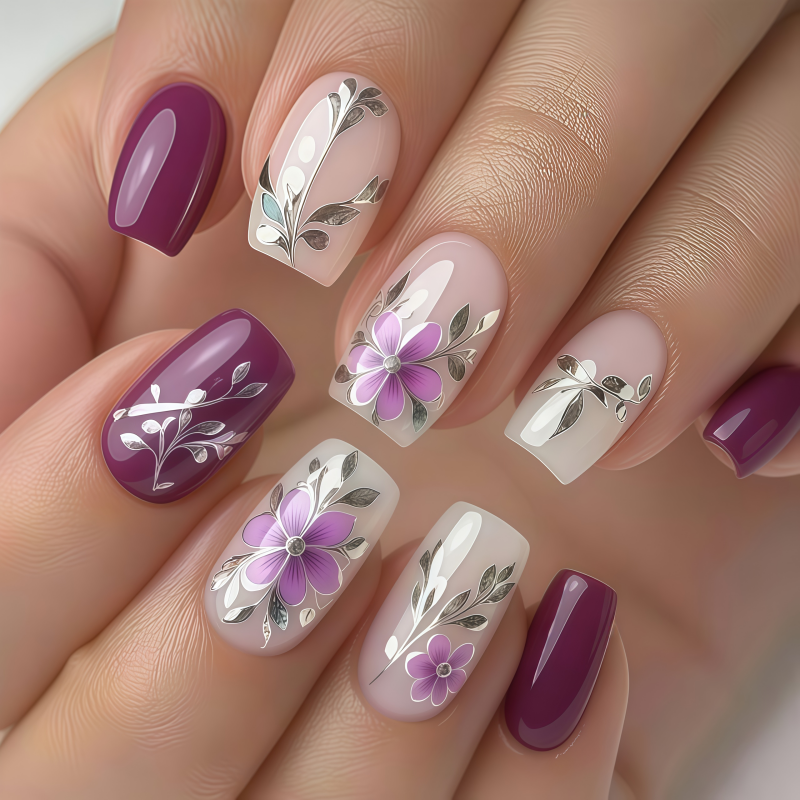 24PCSPurple Press on Nails Med - Pressed Flower Art avaliação e preço
