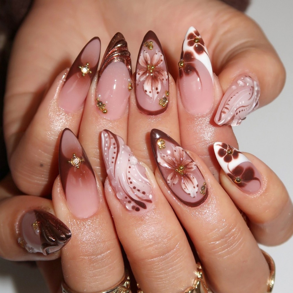 24Pcs 3D French Press On Nails - Pressed Flower Art avaliação e preço