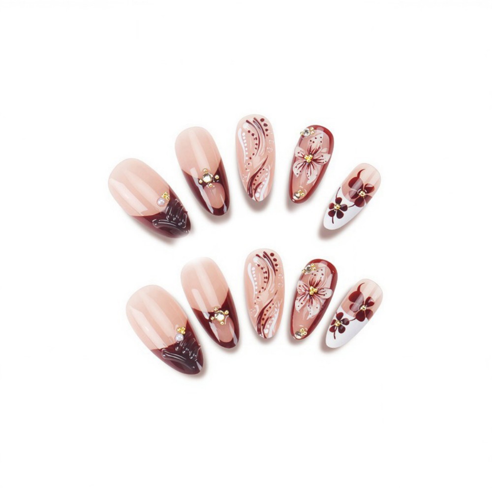24Pcs 3D French Press On Nails - Pressed Flower Art avaliação e preço