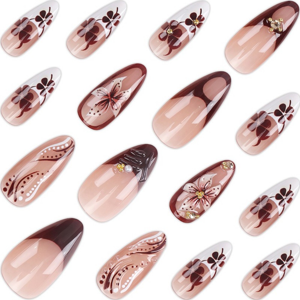24Pcs 3D French Press On Nails - Pressed Flower Art avaliação e preço