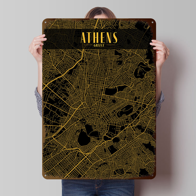 Athens Golden Map Tinplate Pos - Custom Map Poster avaliação e preço