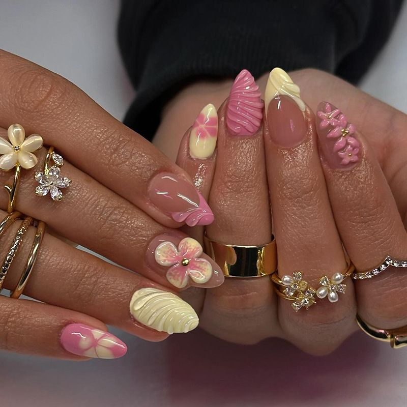 Almond Press on Nails Pink Cre - Pressed Flower Art avaliação e preço
